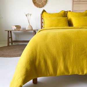 Yellow Washed Linen Duvet Cover, Duvet Cover with Buttons, Soft Linen Bedding, Boho Duvet Cover, Lightweight Duvet Cover