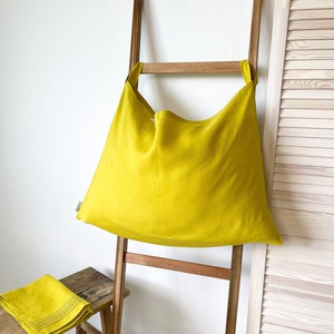 Hanging Linen Laundry Bag in Yellow, Dirty Clothes Organizer