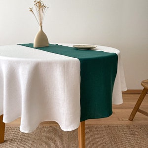 Linen Table Runner with Decorative Stitch, Dark Green Washed Linen Table Decor, Farmhouse Dining, Minimalist Serving Idea, European Flax