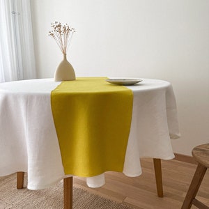 Minimalist Linen Table Runner with Decorative Stitch, Yellow Washed Linen Table Idea, Farmhouse Dining, Minimalist Serving, European Flax