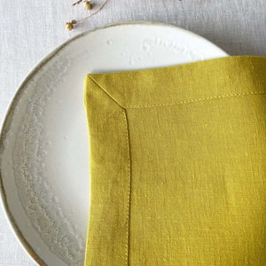 Chartreuse Linen Table Napkins set, Dinner Cloth Napkins in Yellow, 100 Linen, Premium Quality, Mitered Corner, Use For Every Day
