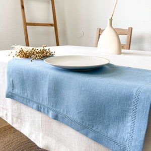 Hemstitched Light Blue Linen Placemats, European Linen Placemats set, Dinner Placemats, Reusable Placemats