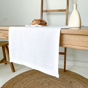 Hemstitched Linen Table Runner in White, Fall Table Runner, Coffee Table Runner, Vintage Table Runner, Farmhouse Table, Dresser Runner
