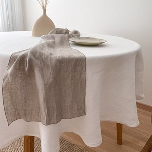 Washed Linen Table Runner with Decorative Stitch, Linen Table Decor in Beige, Farmhouse Dining Style, Minimalist Serving Idea, European Flax
