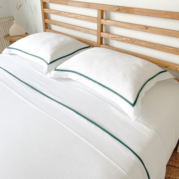 Soft Linen Trimmed Flat / Top Sheet, European Flax Bed Sheet with Dark Green Trim, King, Queen, Twin, Full Sizes