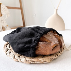 Black Linen Bread Bag, Vintage Bread Bag, Soft Bread Bag, Minimalist Flax Bread Bag