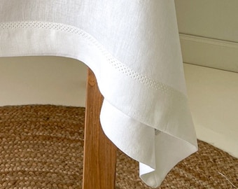 Mantel de lino con dobladillo, mantelería natural, decoración sostenible para el hogar, mantel de lino lavado, rectangular, cuadrado, tamaño personalizado