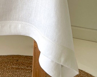Mantel de lino rectangular, cuadrado en blanco roto con dobladillo, mantel vintage, tamaño personalizado