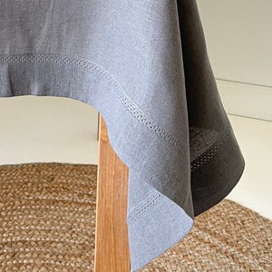 Charcoal Linen Tablecloth with Hemstitch, Rustic Table Cover, Rectangular, Square, Custom in Various Sizes