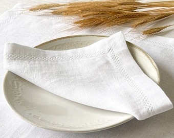 Hemstitch White Linen Napkins, Linen Napkins set, White Cloth Napkins, Soft Linen Napkins