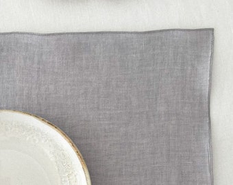 Linen Placemats Set with Decorative Edge in Light Gray, Double Layer Table Mat, Sustainable Table Decor, Washed Table Linen