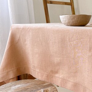 Linen Table Cloth in Tan with Hemstitch, Earth Tone Table Decor, 100% European Flax Table Cover, Textured Tableware, Square, Rectangle Size image 3