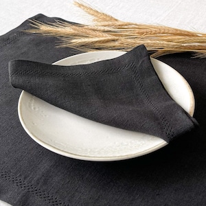 Black Linen Table Napkins with Hemstitch and Mitered Corners, Cloth Napkins Set, Minimalist Linen Table Design image 2