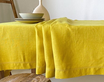 Mantel de lino con dobladillo, mantel vintage, rectangular, cuadrado, personalizado en varios tamaños y colores