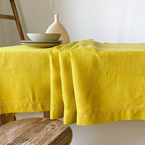 Washed Linen Tablecloth with Hemstitch, Vintage Table Cover, Rectangular, Square, Small, Large, Custom in Various Sizes and Colors Yellow