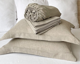 Juego de sábanas de lino natural: Sábana ajustada, Sábana plana, x 2 Fundas de almohada
