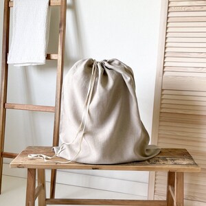 Beige Washed Linen Laundry Bag, Natural Laundry Organizer, Clothes Hamper, Large Laundry Bag, Linen Drawstring Bag