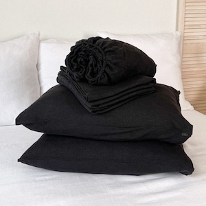 Linen Sheet set in Black Color, Fitted Sheet, Flat Sheet, Two Pillowcases, Linen Bedding, Queen, California King, Twin Size