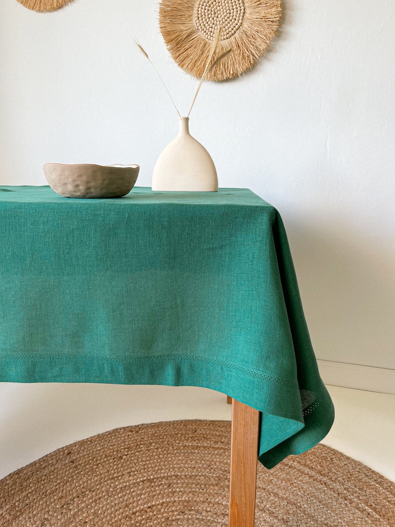 Washed Linen Tablecloth with Hemstitch, Vintage Table Cover, Rectangular, Square, Small, Large, Custom in Various Sizes and Colors Green