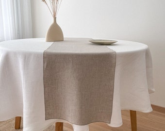 Natural Flax Table Runner with Decorative Stitch, Linen Table Decor in Beige, Farmhouse Dining Style, Minimalist Serving Idea