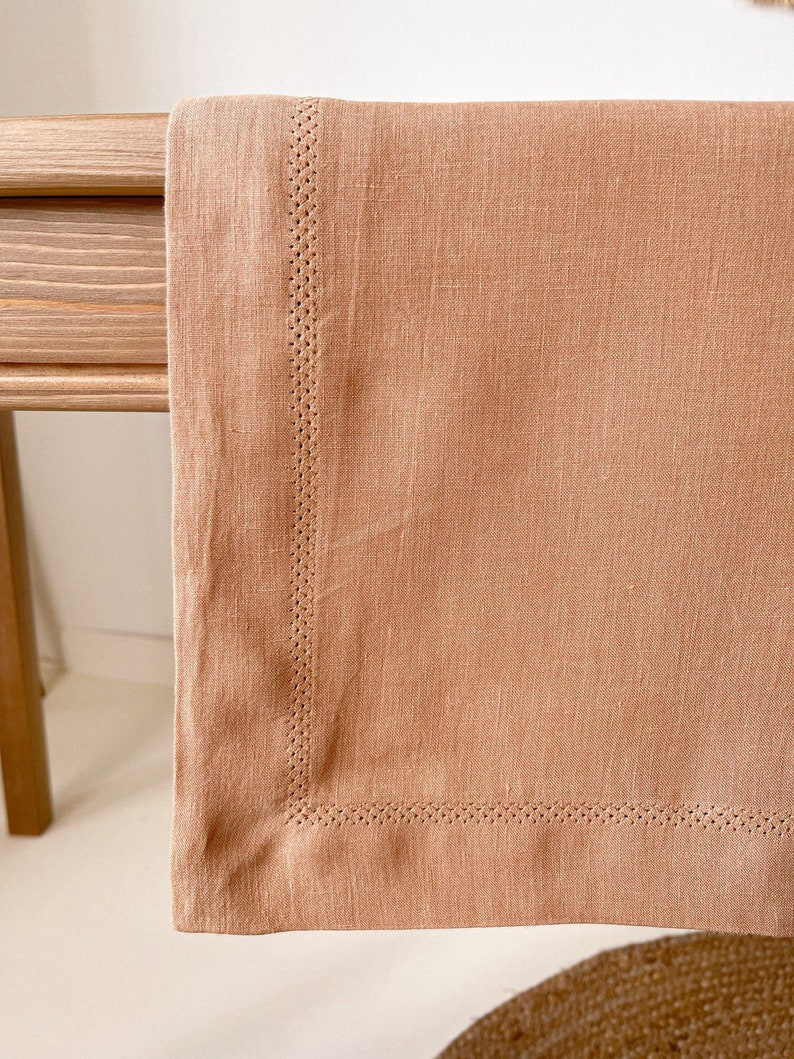 Linen Table Cloth in Tan with Hemstitch, Earth Tone Table Decor, 100% European Flax Table Cover, Textured Tableware, Square, Rectangle Size image 2