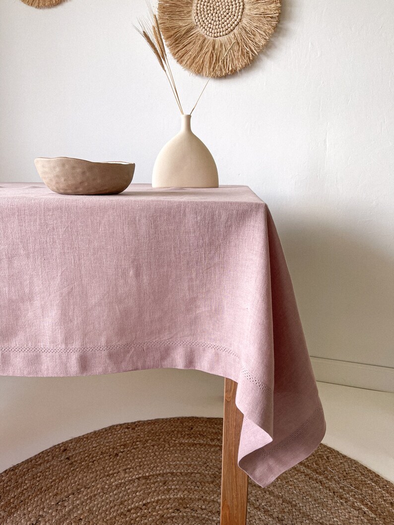 Washed Linen Tablecloth with Hemstitch, Vintage Table Cover, Rectangular, Square, Small, Large, Custom in Various Sizes and Colors Pink