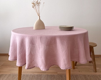 Mantel redondo de lino en color rosa polvoriento, mantel circular suave con dobladillo, decoración de mesa sostenible