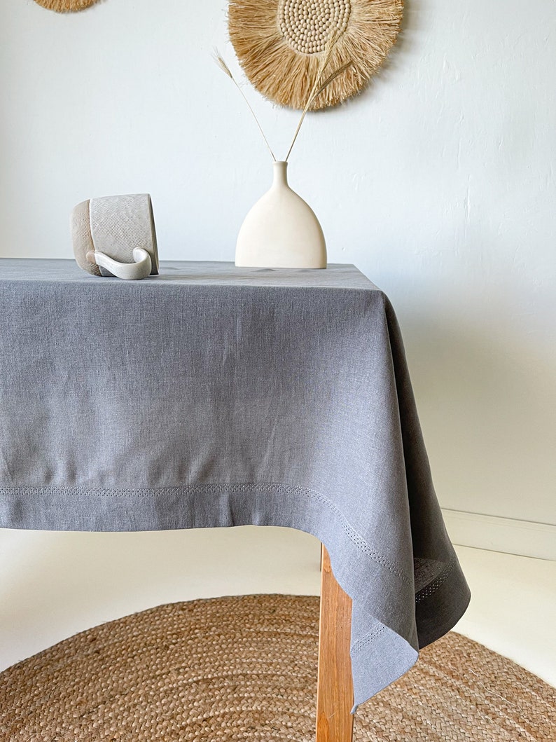 Washed Linen Tablecloth with Hemstitch, Vintage Table Cover, Rectangular, Square, Small, Large, Custom in Various Sizes and Colors Gray