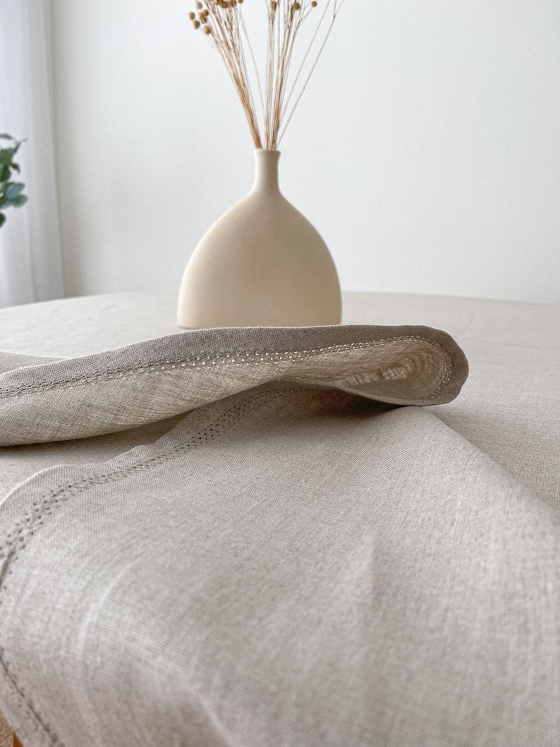 Natural Flax Circle Table Cloth, Washed Round Table Linen with Hemstitch, Sustainable Table Decor image 2