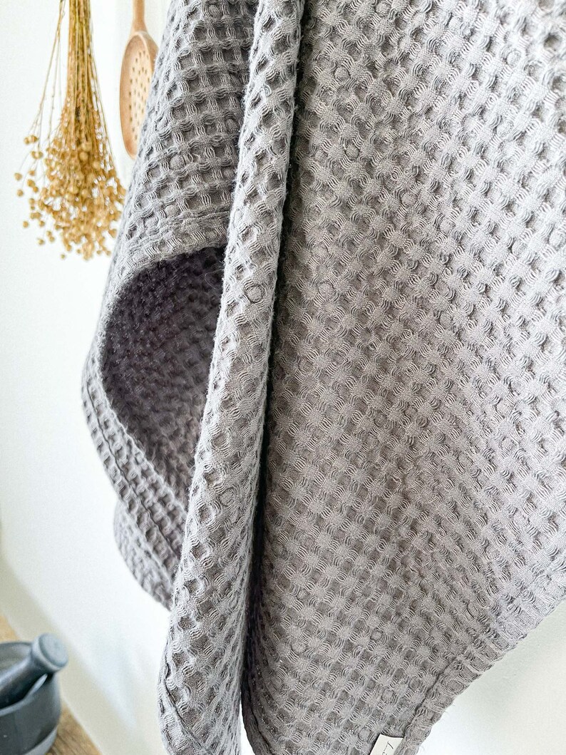 Waffle Kitchen Towel in Dark Gray, Washed Linen Cotton Kitchen Towel, Sustainable Dish Towel, Boho Kitchen Decor image 4