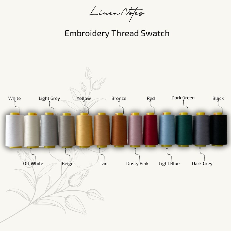 May include: A thread color chart with 12 spools of embroidery thread. The colors are white, light grey, yellow, bronze, red, dark green, black, off white, beige, tan, dusty pink, light blue, and dark grey.