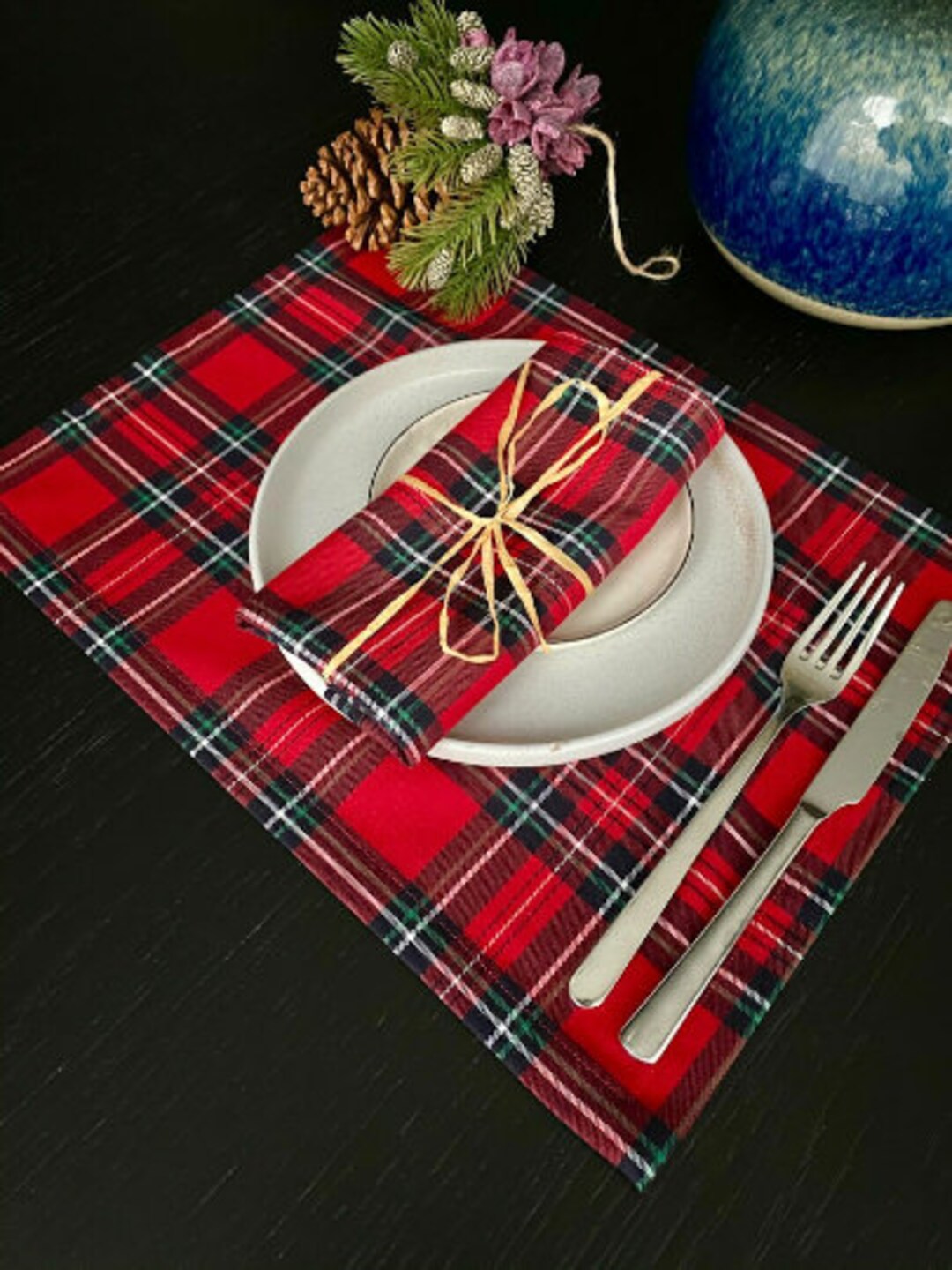 Tartan Linen Placemats, Christmas Placemats Set, Linen Plaid Table