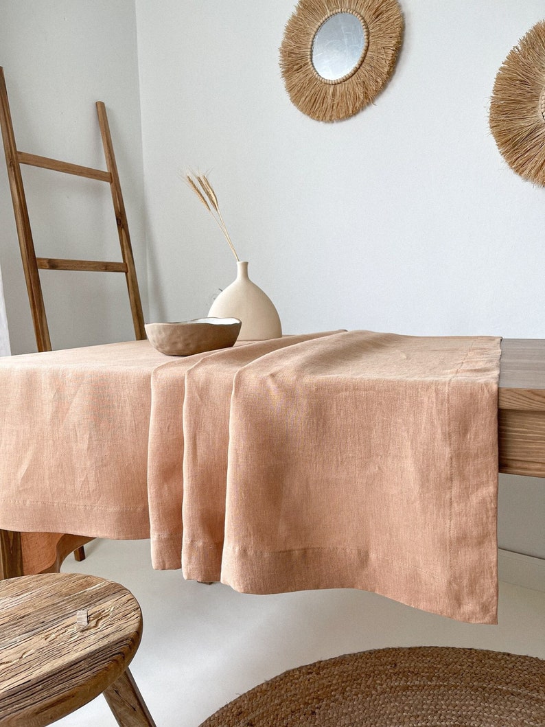 Handmade Linen Tablecloth, Vintage Tablecloth, Boho Table Cover, Farmhouse Tablecloth, European Flax Tablecloth Tan