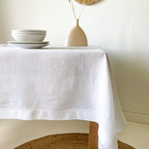 Natur Leinen Tischdecke mit Hohlsaum, Beige Tisch Dekor, Rechteckig, Quadratisch in Verschiedenen Größen Weiß