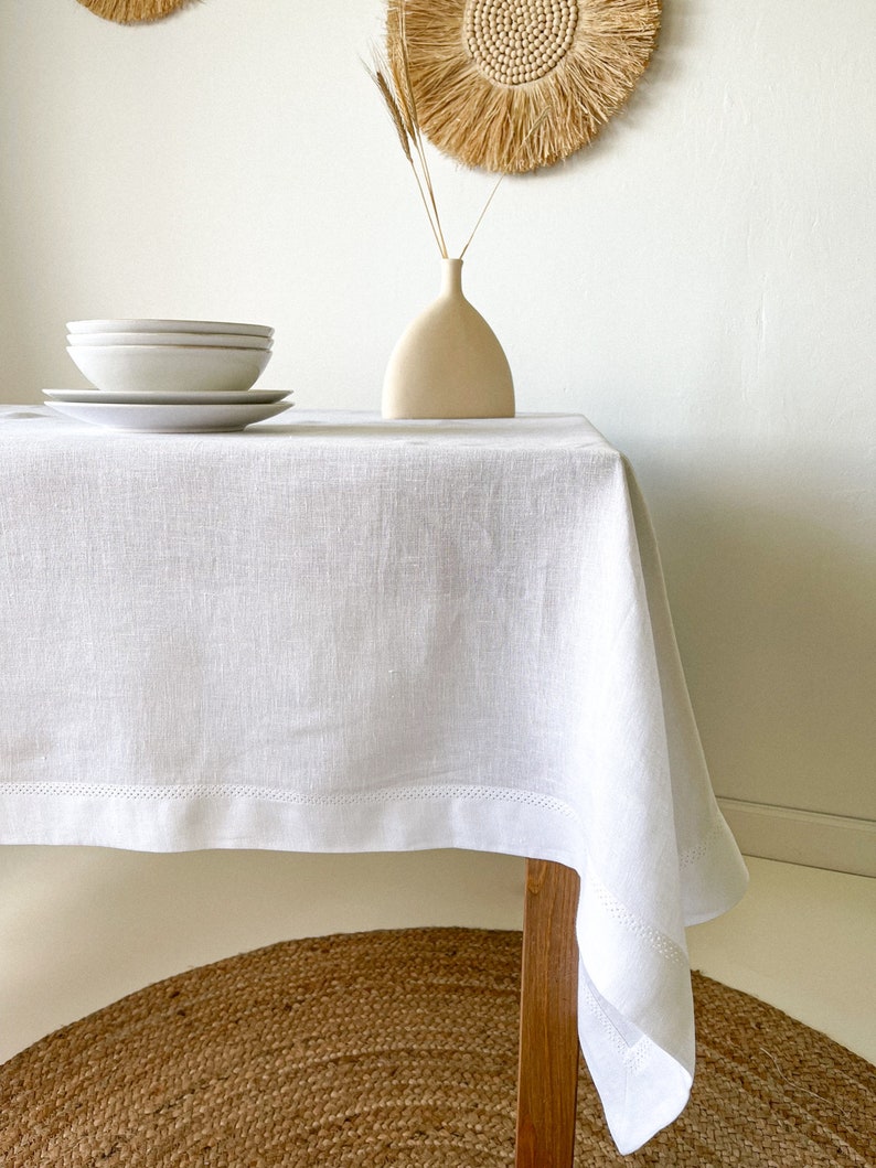 Natur Leinen Tischdecke mit Hohlsaum, Beige Tisch Dekor, Rechteckig, Quadratisch in Verschiedenen Größen Weiß