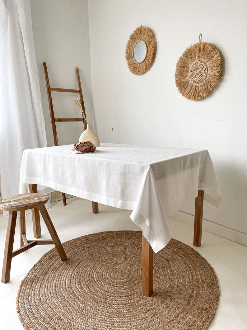 Handmade Linen Tablecloth, Vintage Tablecloth, Boho Table Cover, Farmhouse Tablecloth, European Flax Tablecloth Off White