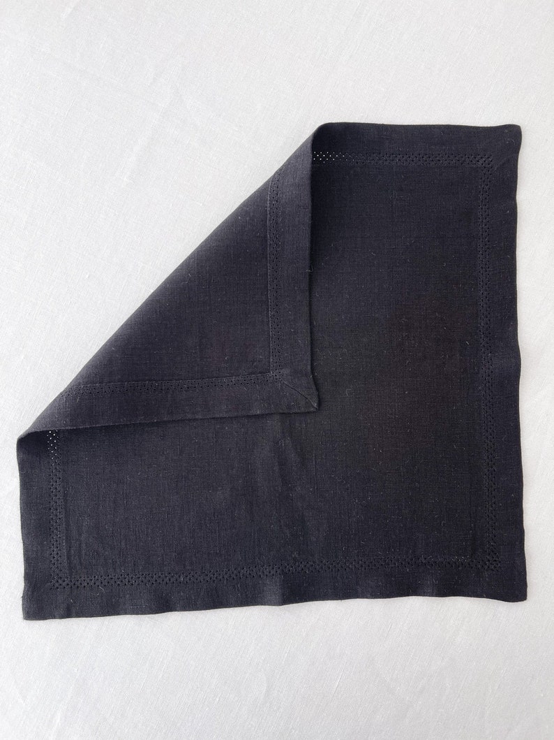 Black Linen Table Napkins with Hemstitch and Mitered Corners, Cloth Napkins Set, Minimalist Linen Table Design image 5