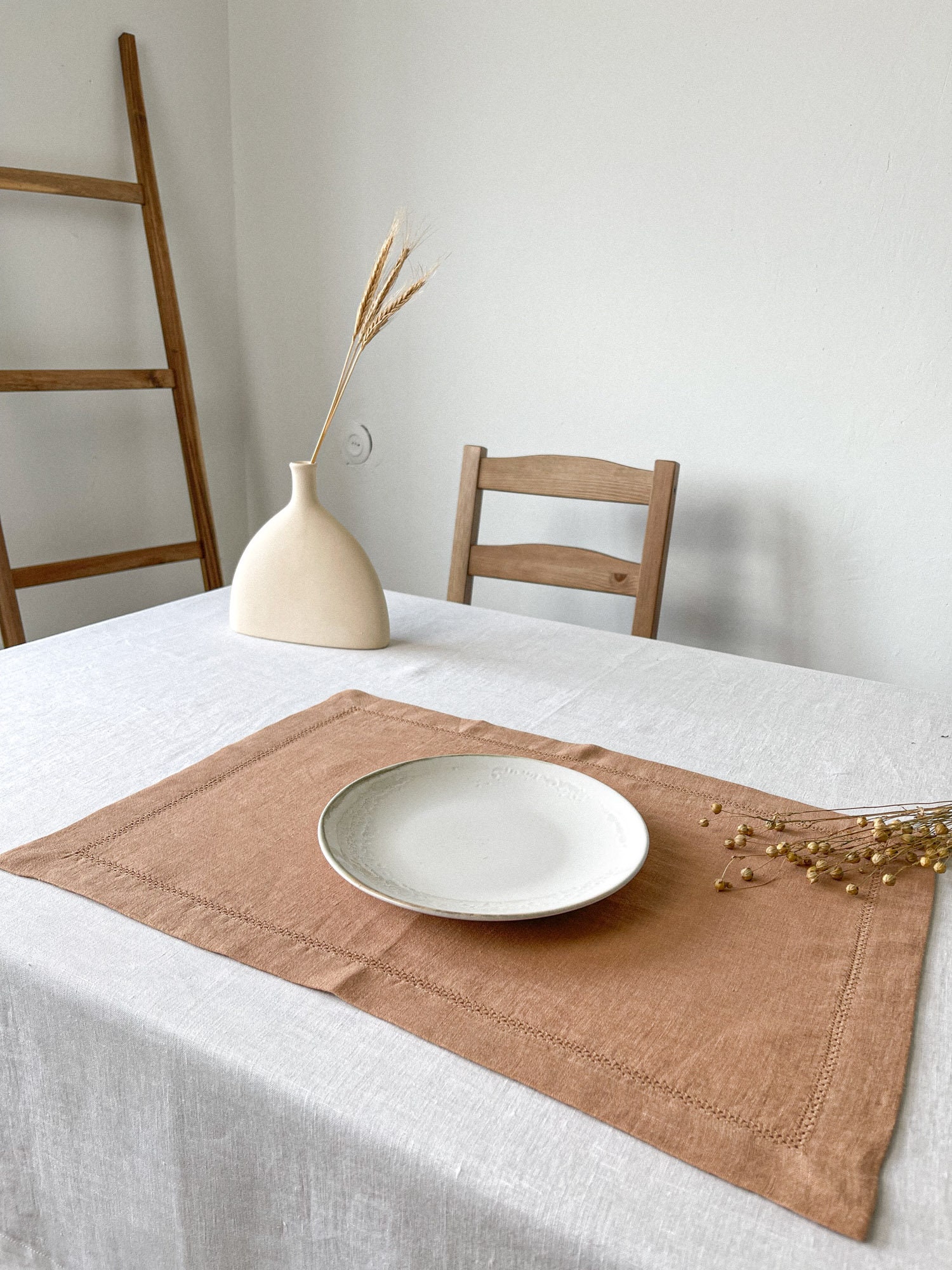 Hemstitch Linen Placemats Set in Tan Color Handmade - Etsy