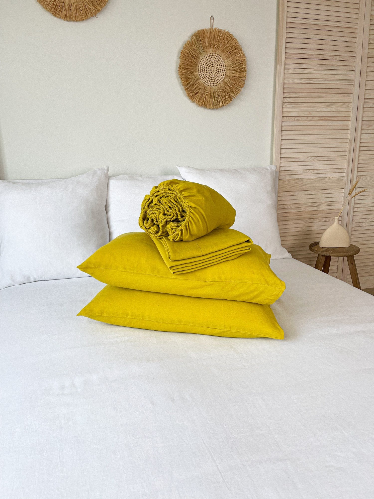 Drap en Lin de Couleur Jaune, Drap-Housse, Drap Plat, Deux Taies d'oreiller, Literie Chartreuse, Rei