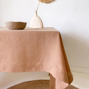 Washed Linen Tablecloth with Hemstitch, Vintage Table Cover, Rectangular, Square, Small, Large, Custom in Various Sizes and Colors Tan