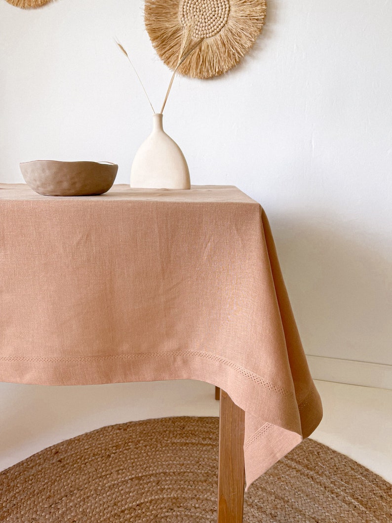 Washed Linen Tablecloth with Hemstitch, Vintage Table Cover, Rectangular, Square, Small, Large, Custom in Various Sizes and Colors Tan