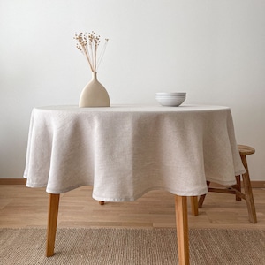 Natural Flax Circle Table Cloth, Washed Round Table Linen with Hemstitch, Sustainable Table Decor