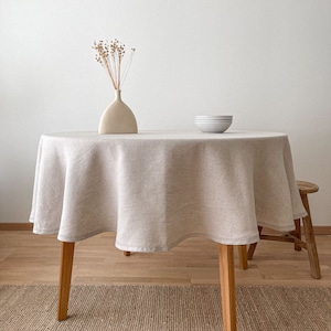 Natural Flax Circle Table Cloth, Washed Round Table Linen with Hemstitch, Sustainable Table Decor image 1