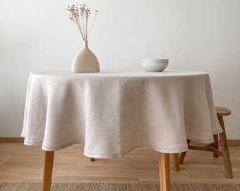 Nappe de table ronde en lin naturel, linge de table rond lavé avec ourlet, décor de table durable