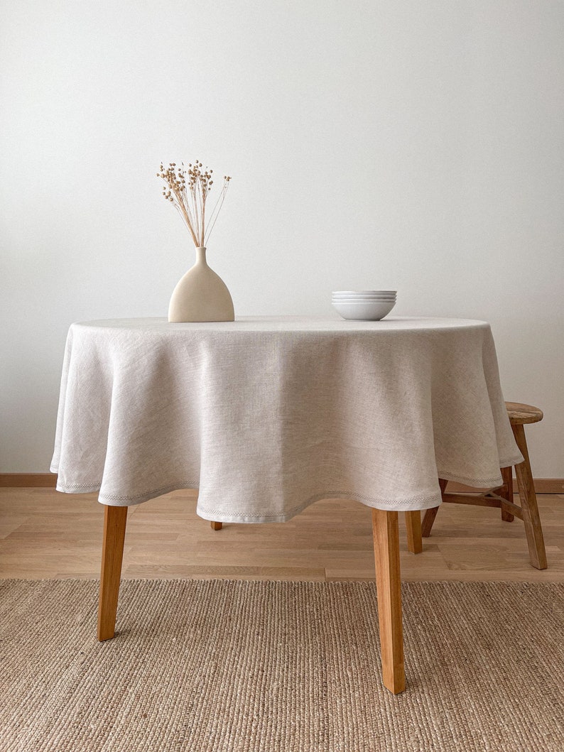 Natural Flax Circle Table Cloth, Washed Round Table Linen with Hemstitch, Sustainable Table Decor image 1