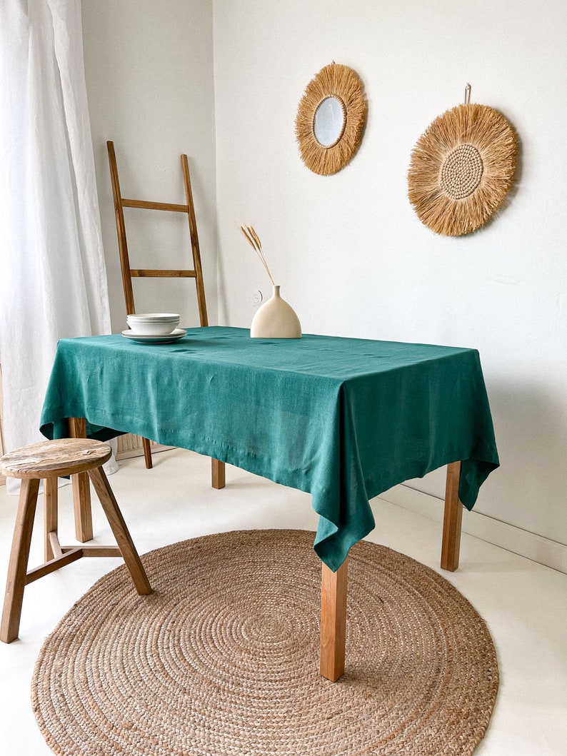 Handmade Linen Tablecloth, Vintage Tablecloth, Boho Table Cover, Farmhouse Tablecloth, European Flax Tablecloth Green