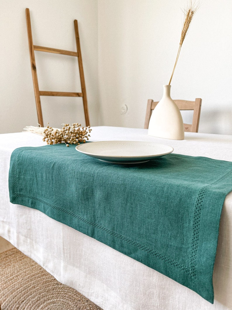 Hemstitch Dark Green Linen Table Placemats Forest Placemats Etsy