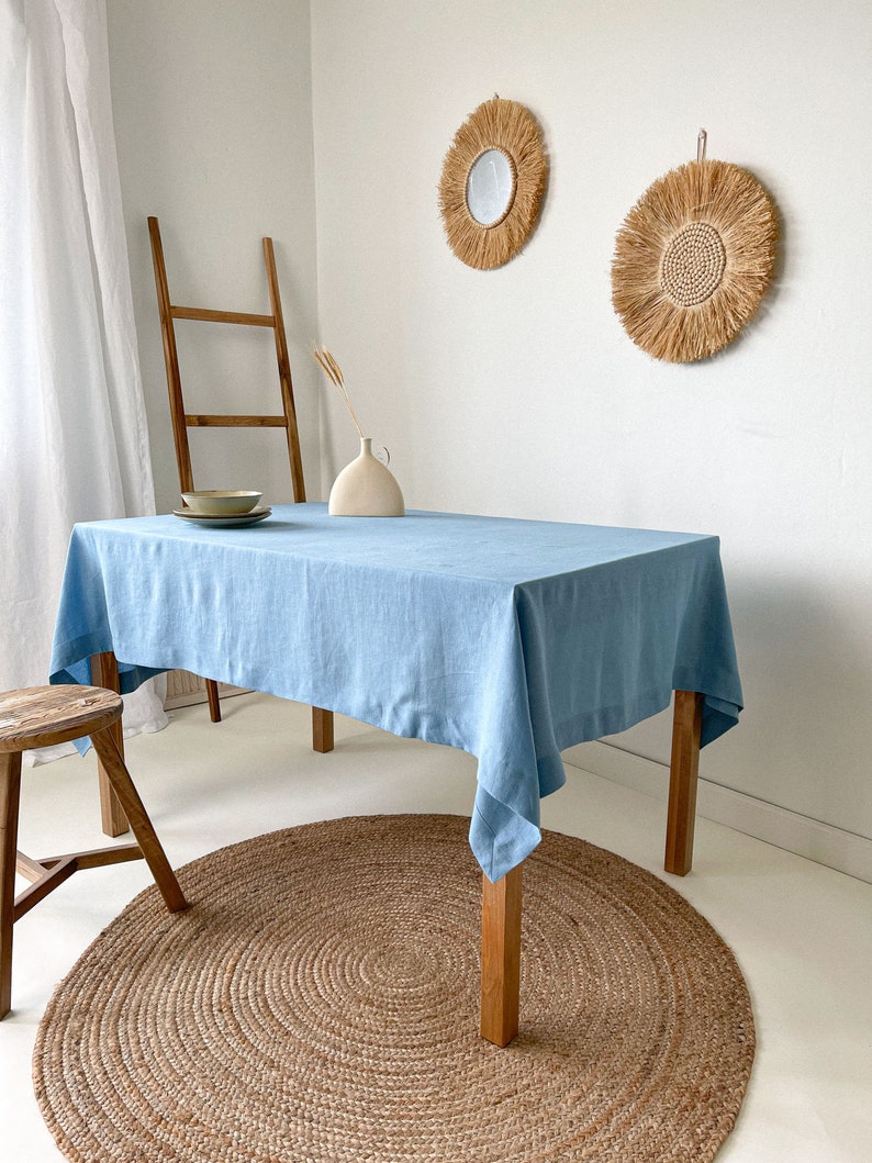Handmade Linen Tablecloth, Vintage Tablecloth, Boho Table Cover, Farmhouse Tablecloth, European Flax Tablecloth Blue