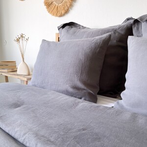 Linen Duvet Cover set in Charcoal dark gray,Twin, King, Queen, Double in Various Sizes, Sustainable Flax Bedding 2 pillowcases image 6