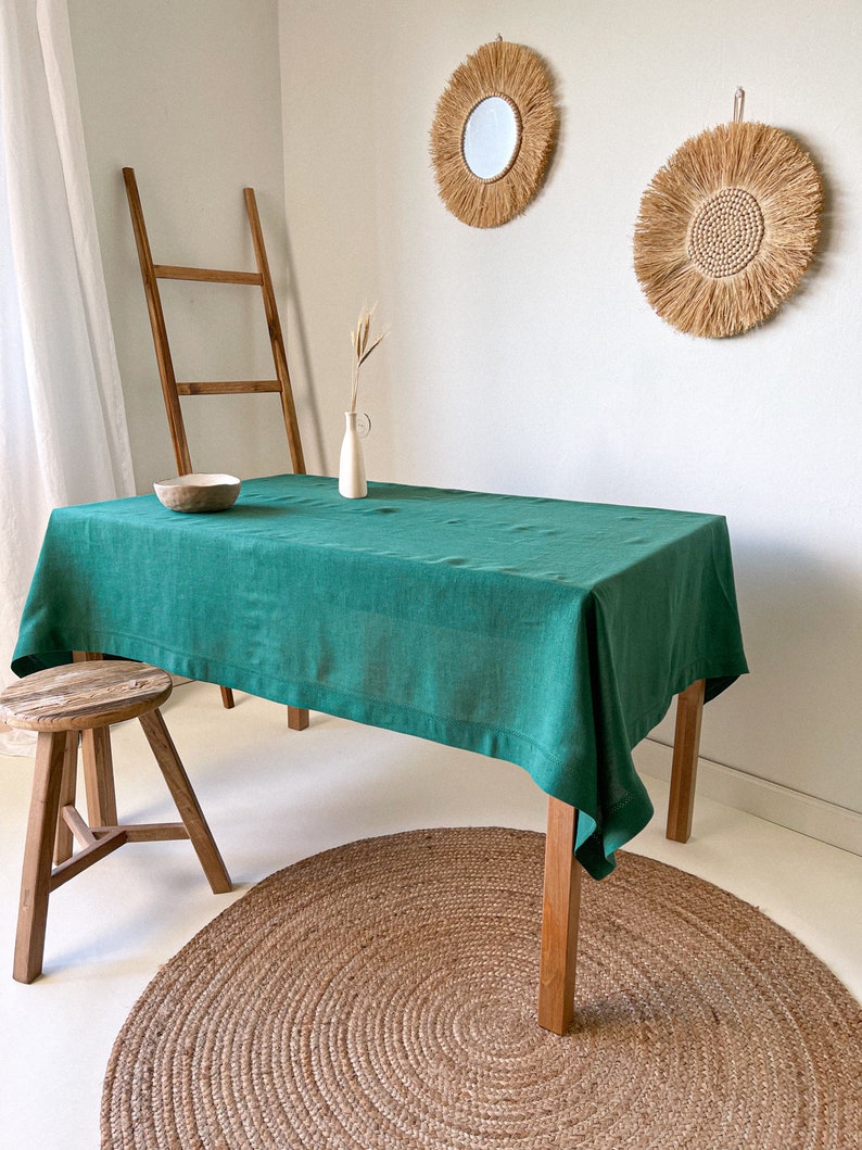 Forest Green Linen Tablecloth with Hemstitch, Handmade Table Cover, Rectangular, Square, Custom in Various Sizes image 3